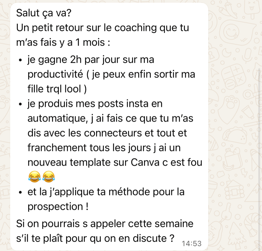Capture WhatsApp anonymisée — retour client coaching