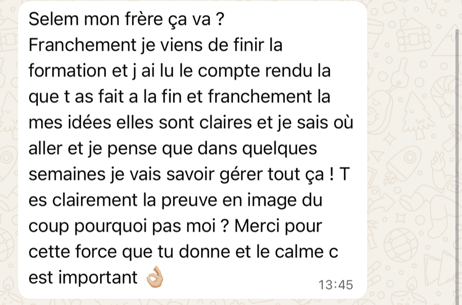 Capture WhatsApp anonymisée — retour élève de la formation