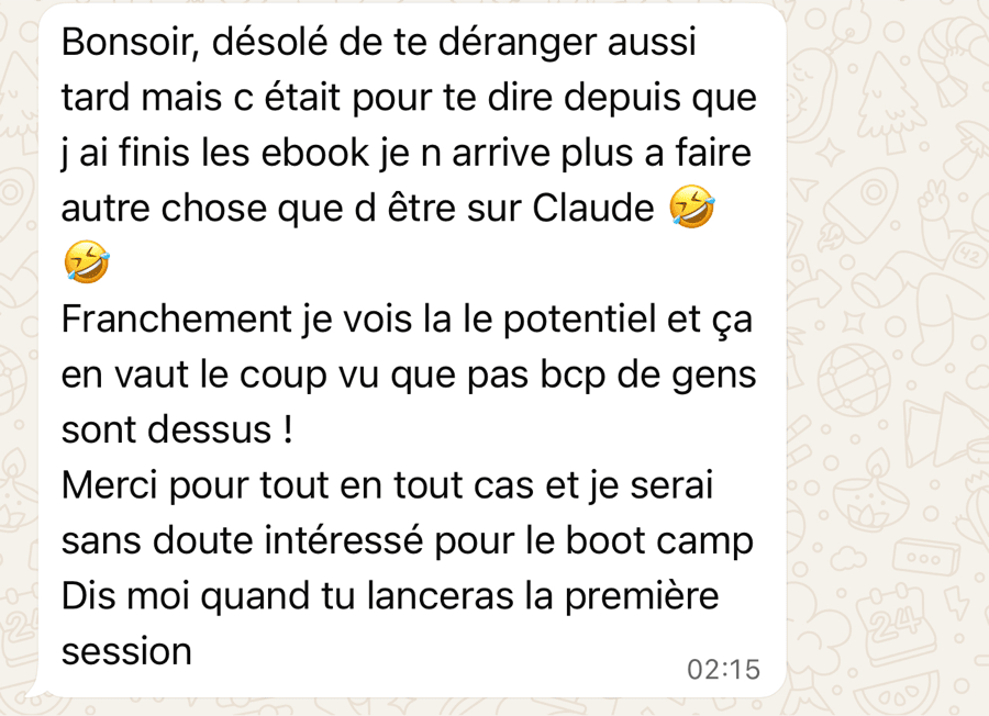 Capture WhatsApp anonymisée — retour d'un lecteur du pack